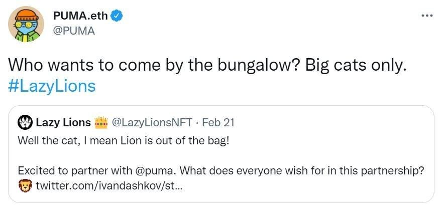 Le tweet de Puma à propos de son partenariat avec Lazy Lions NFT