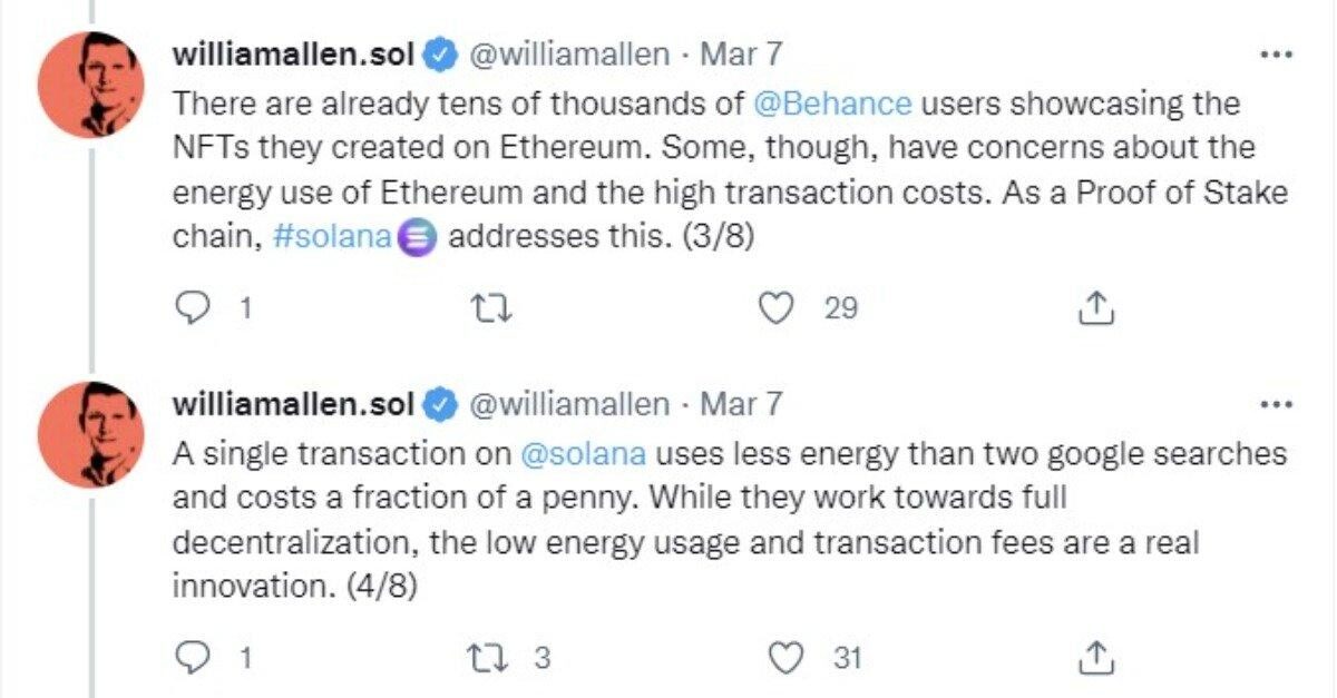 Tweet de William Allen, responsable d'Adobe Behance, à propos de l'intégration de Sol