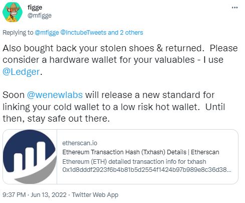Capture d'écran Twitter d'un message de Figge sur les NFT 10KTF volés