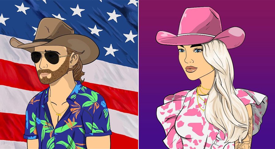 image représentant deux avatars Chill Country Club NFT d'un homme et d'une femme portant des chapeaux de cow-boy