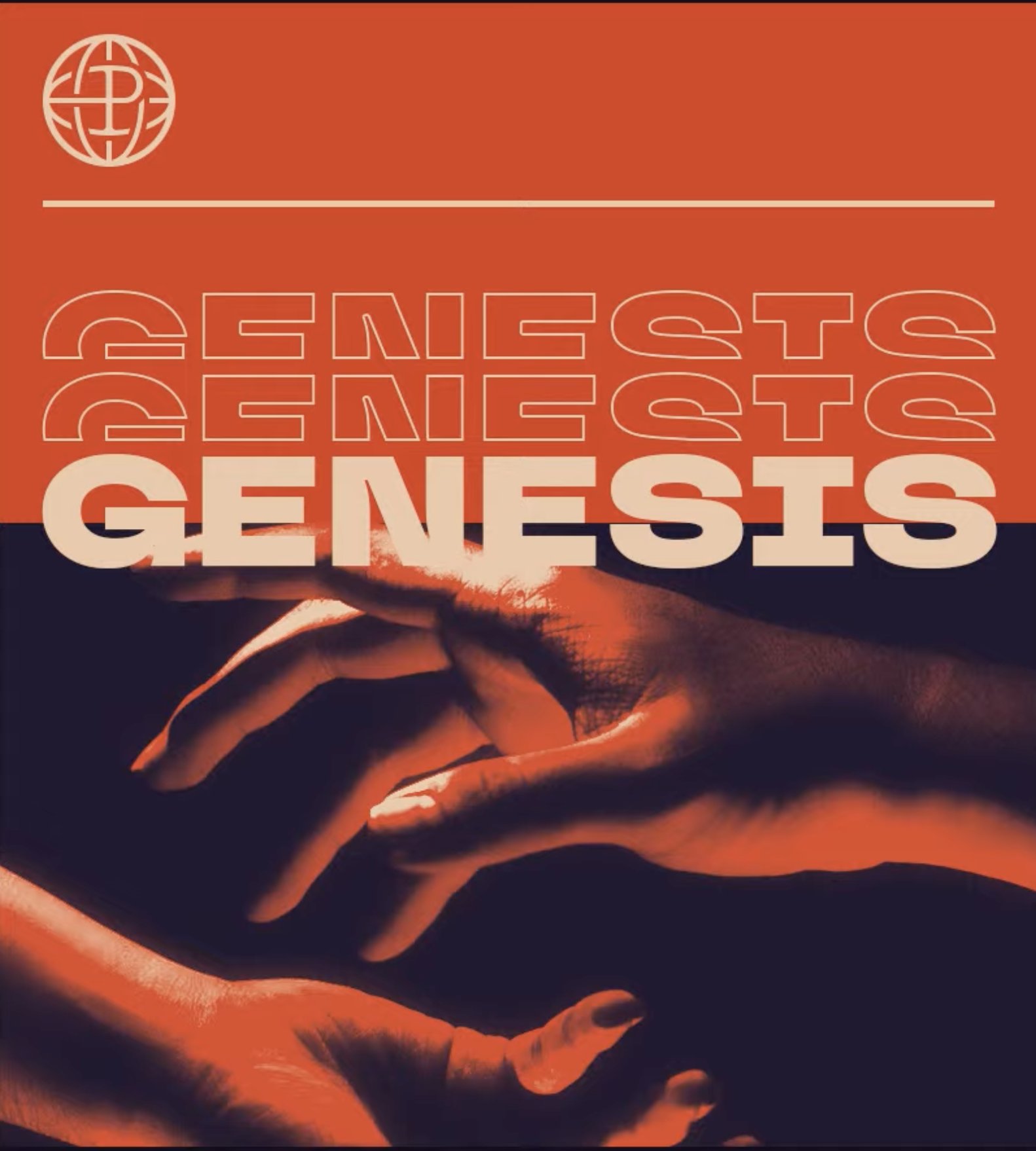 Deux mains tendues avec le mot 'Genesis' répété ci-dessus