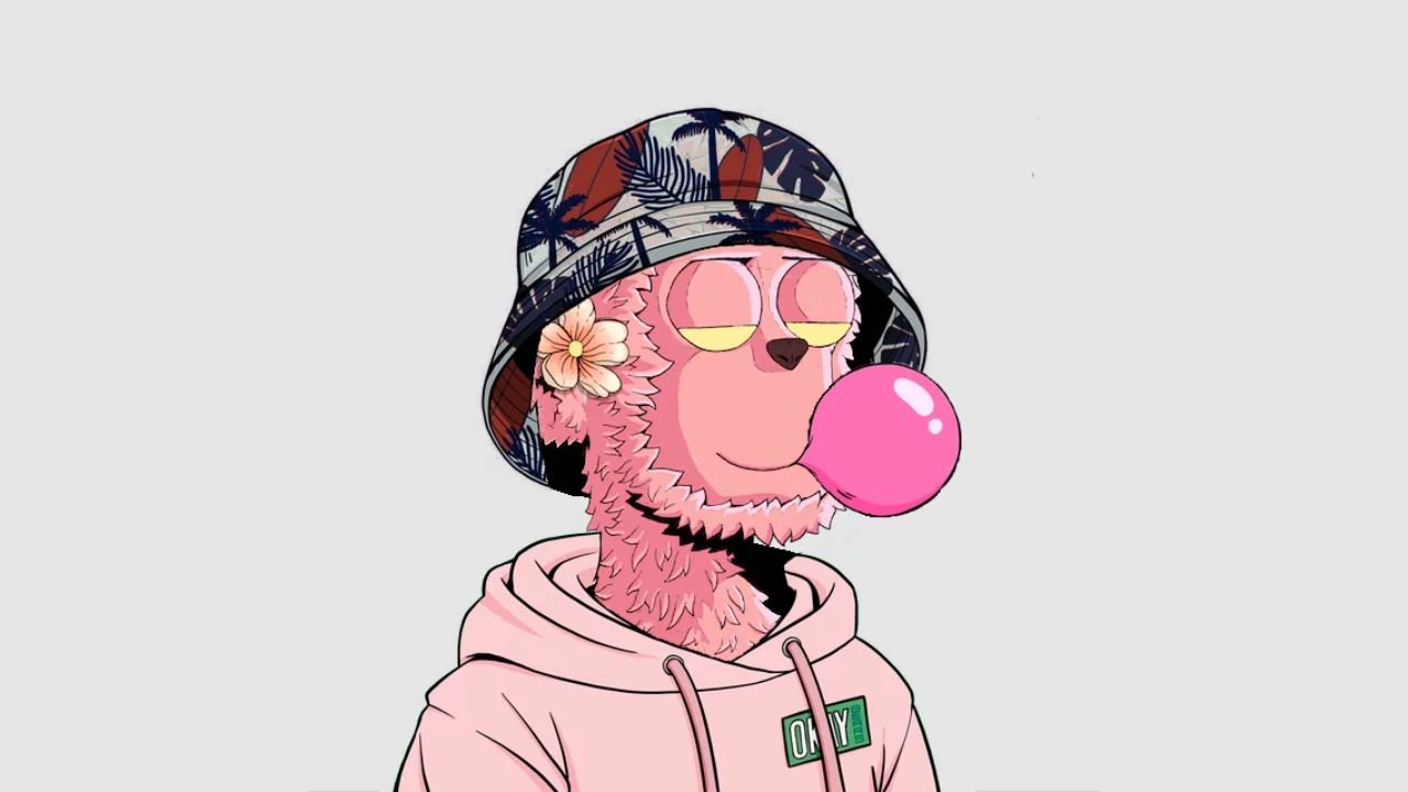 image d'un y00ts NFT d'un personnage rose ressemblant à un yéti soufflant du chewing-gum