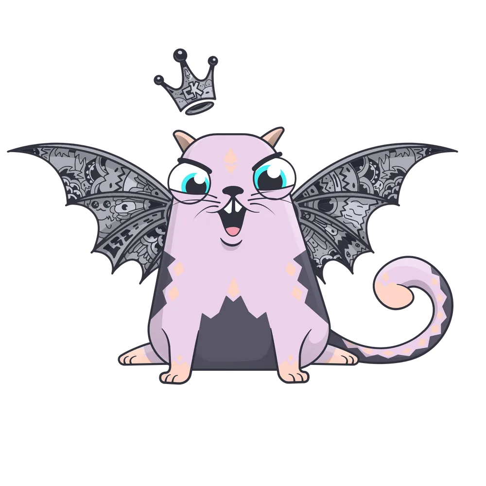 image d'un chat cryptokitties rose avec des ailes et une couronne, propriété de Pranksy