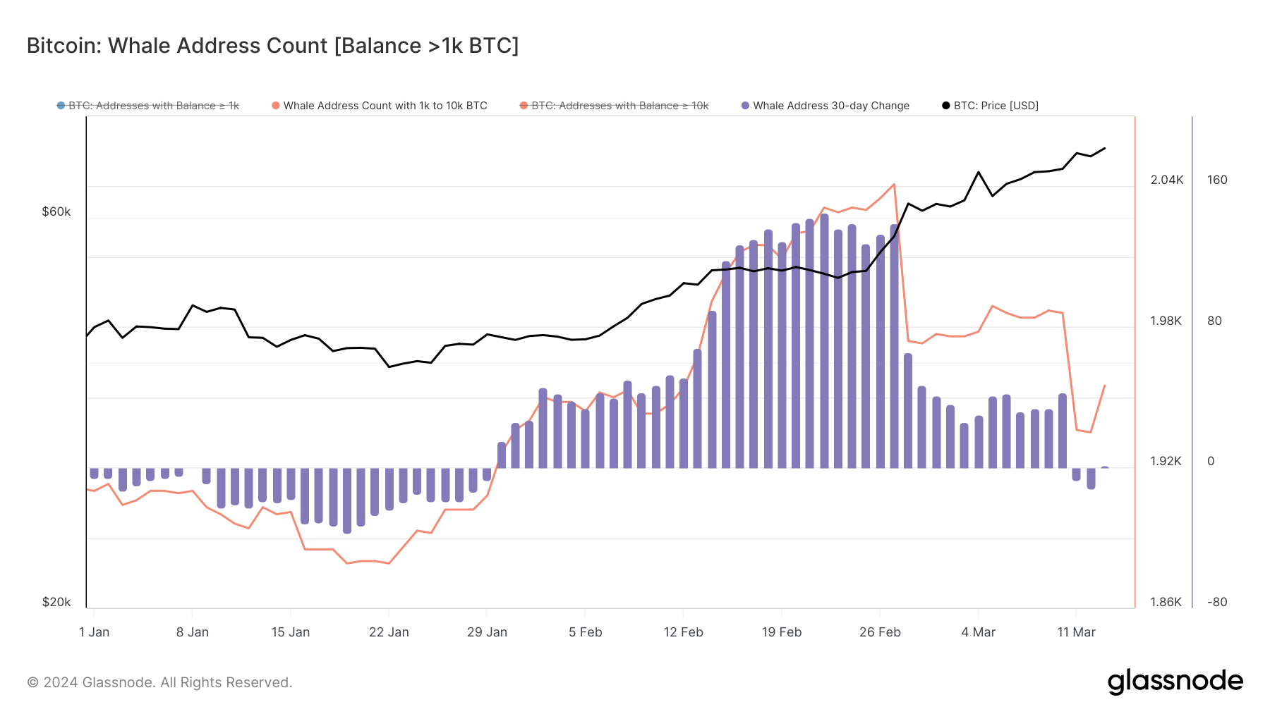 Nombre d'adresses des baleines Bitcoin depuis le début de l'année