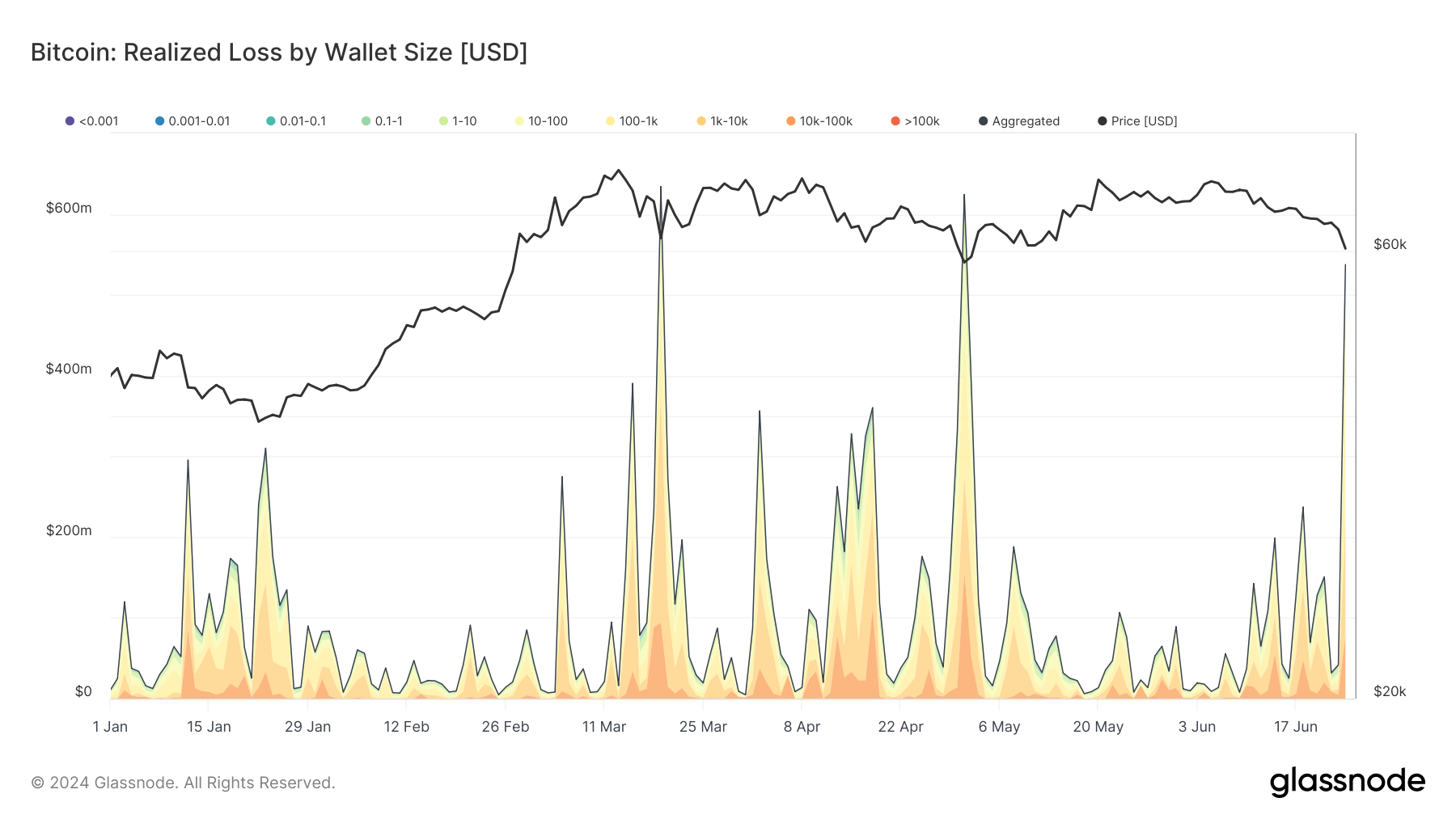 Perte réalisée en Bitcoin par taille de portefeuille : (Source : Glassnode)